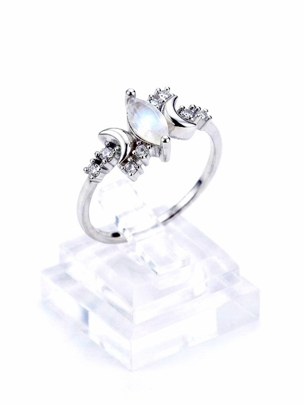 New Sterling Silver Handmade Moonstone White Sapphire Celestial Moon Star Ring
